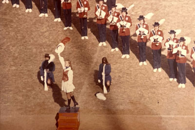 Old photo of Heritage High School marching band on field