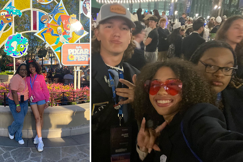 Students at Disneyland and during DECA event with other participants